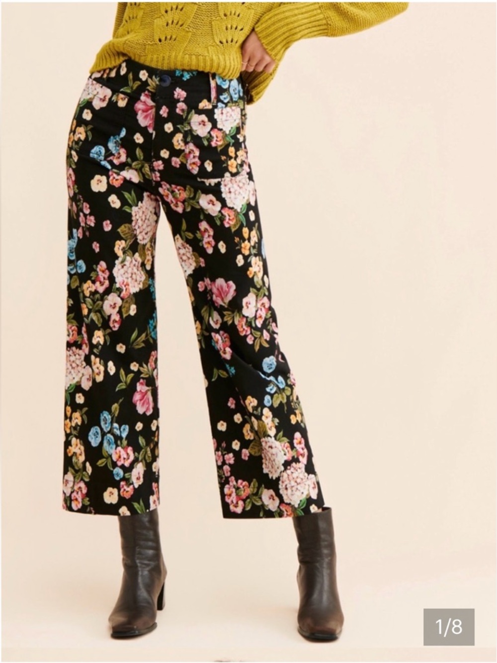 Anthropologie Black Floral Wide-Leg Pants